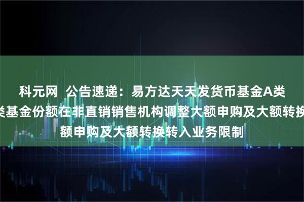 科元网  公告速递：易方达天天发货币基金A类基金份额和D类基金份额在非直销销售机构调整大额申购及大额转换转入业务限制